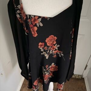 Floral Black Blouse 3X  with mauve colored roses